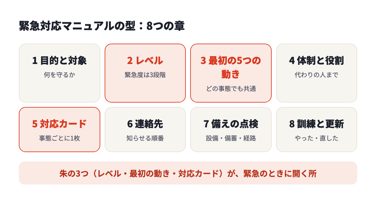 緊急対応マニュアルの型。目的と対象、レベル、最初の5つの動き、体制、対応カード、連絡先、備えの点検、訓練と更新の8つの章