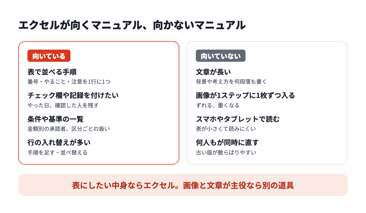 エクセルが向くマニュアルは、表で並べる手順・チェック欄や記録・条件や基準の一覧・行の入れ替えが多いもの。向かないのは、文章が長い・画像が多い・スマホで読む・何人もが同時に直すもの