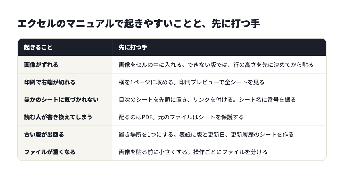 エクセルのマニュアルで起きやすいことと先に打つ手。画像がずれる、印刷で右端が切れる、ほかのシートに気づかれない、読む人が書き換えてしまう、古い版が出回る、ファイルが重くなる