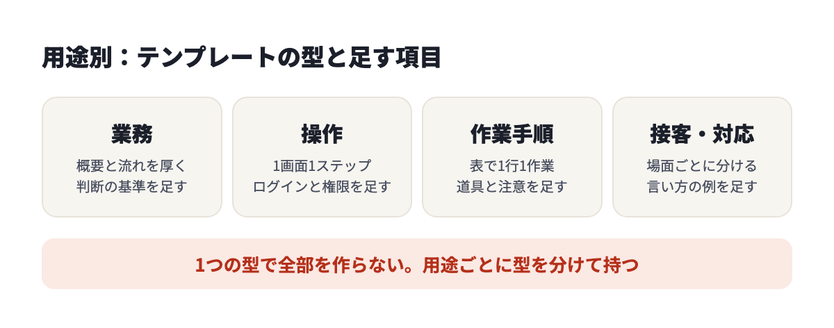 用途別の型。業務は概要と流れを厚く、操作は1画面1ステップ、作業手順は表で1行1作業、接客は場面ごとに分ける