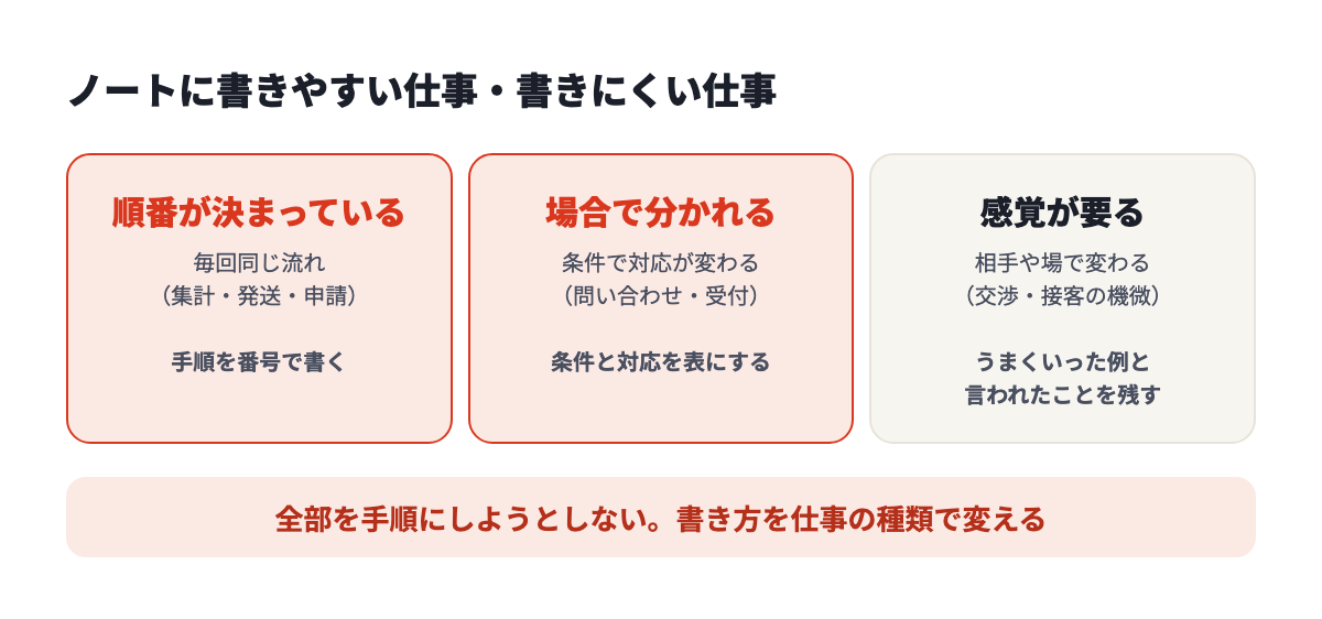順番が決まっている仕事は番号で、場合で分かれる仕事は表で、感覚が要る仕事は例と言われたことを残す