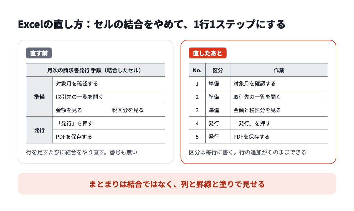 セルの結合をやめて、1行1ステップの表に直した例