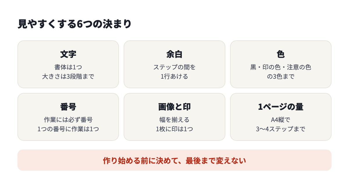 見やすくする6つの決まり。文字、余白、色、番号、画像と印、1ページの量